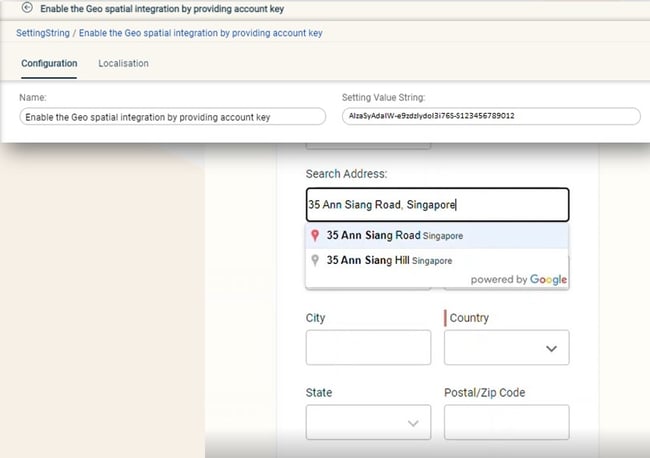 eCommerce - This image shows how manufacturers can enable the Google Address Autocomplete feature in the Digital Sales Platform